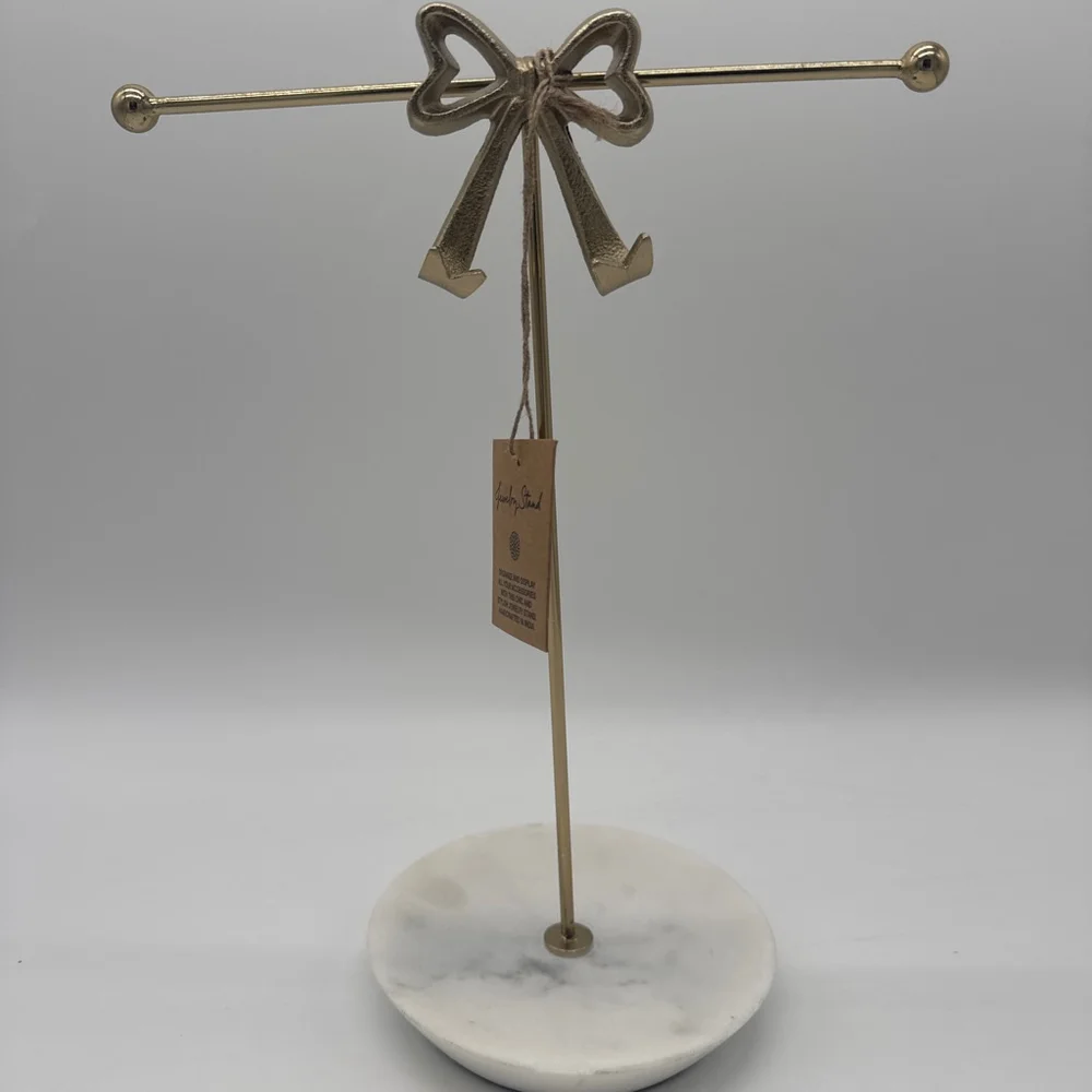 Gold Bow Jewelry Stand with White Marble Base